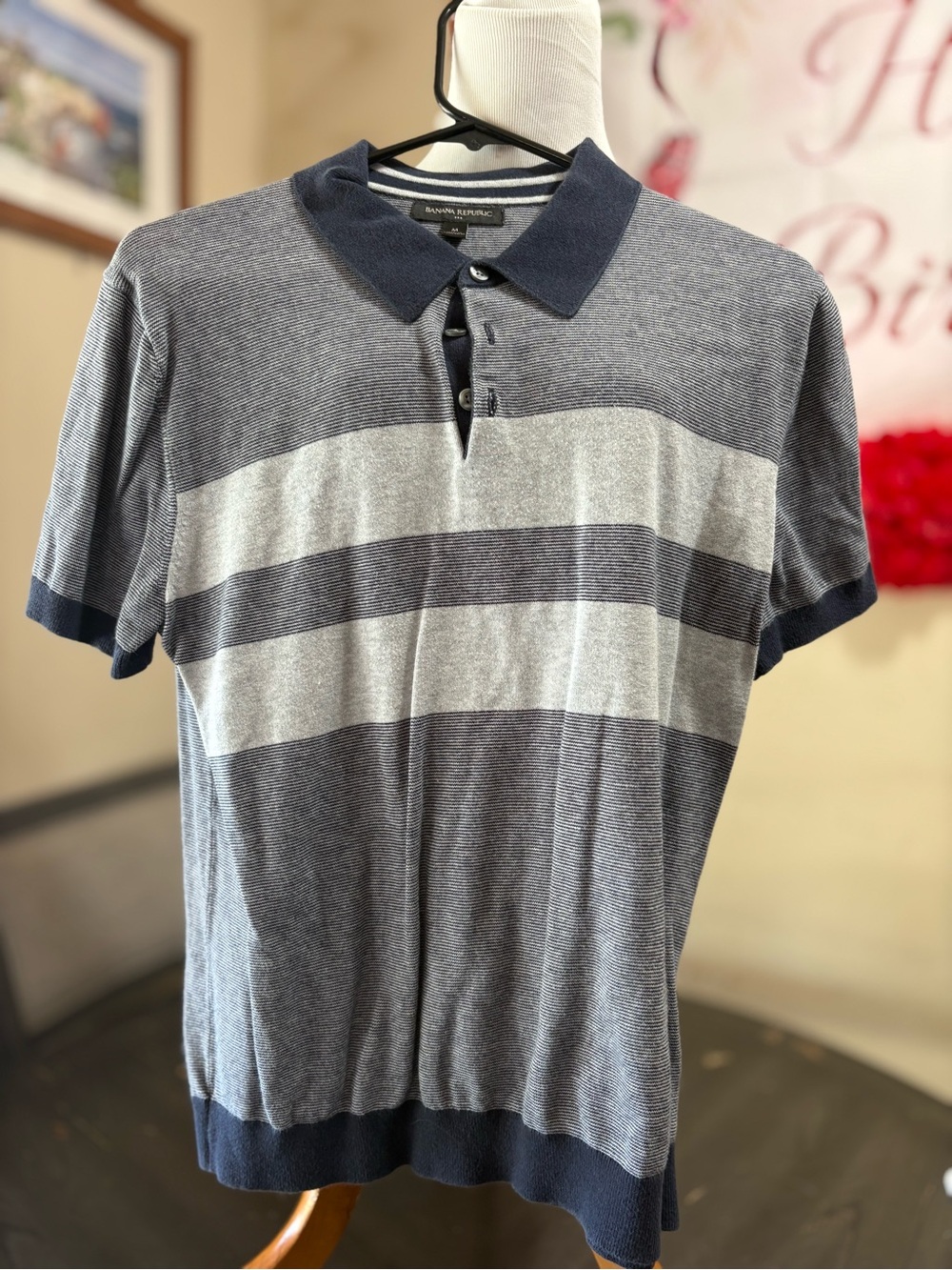 Banana Republic Navy & Light Gray Striped Polo Shirt